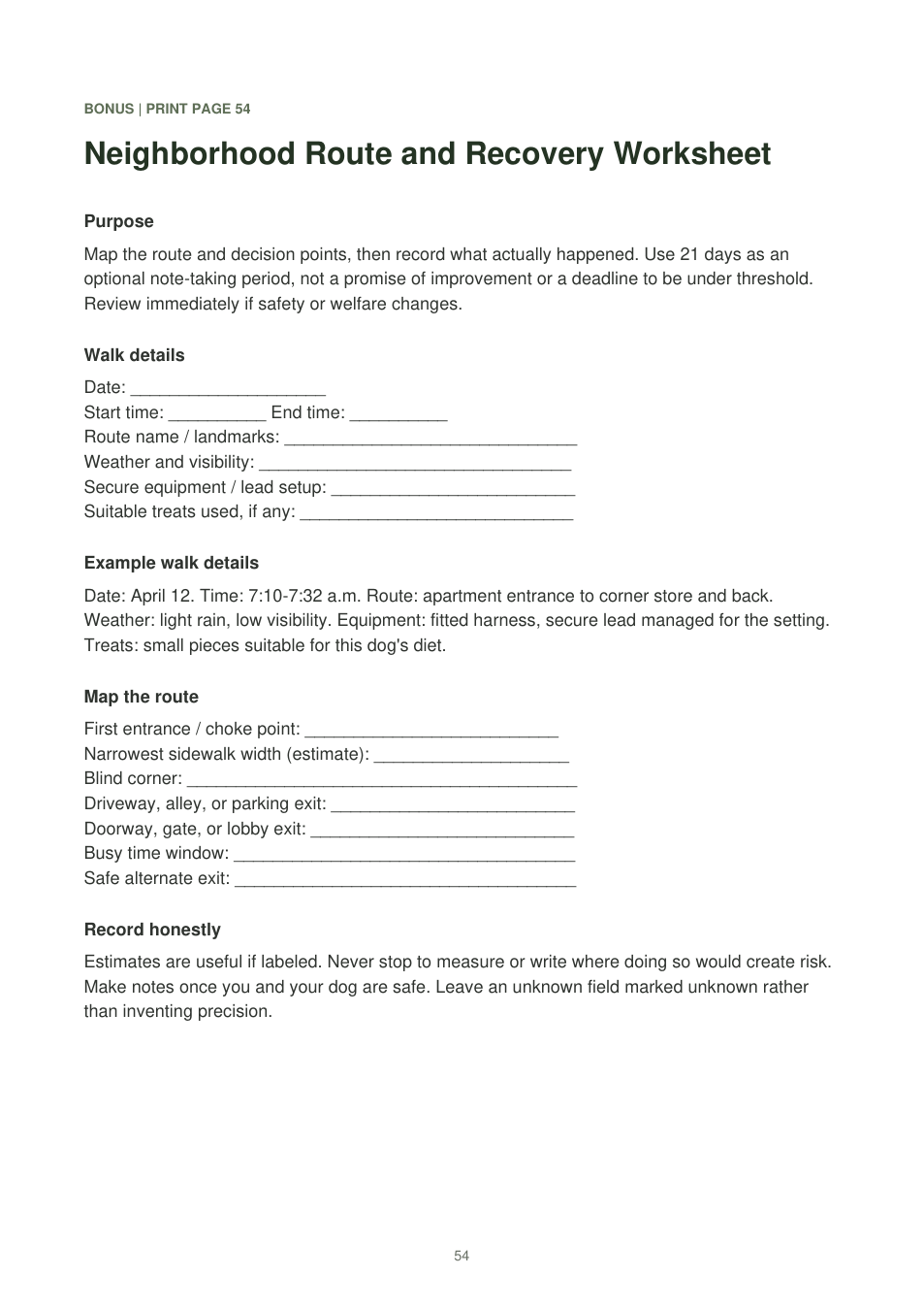A sample page from the Neighborhood Route and Recovery Worksheet included in the guide